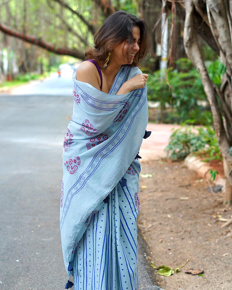 Blueberry Cream Sky Blue Handblock Print Cotton Saree - PBC