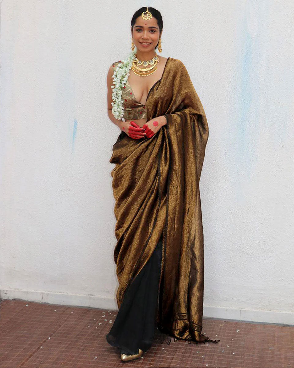 Mrinal Brown Handwoven Linen Zari Saree