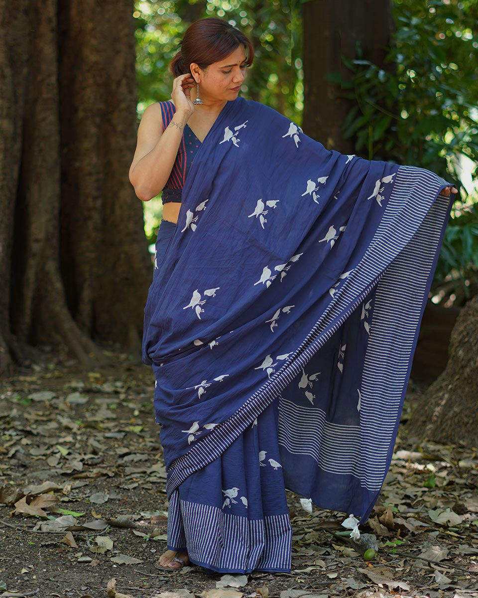 Mehekti Khushboo Blue Hand Block Printed Cotton Saree - UMT