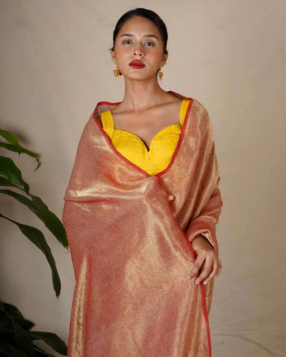 Abhati Red Handwoven Linen Zari Saree - Eknoor