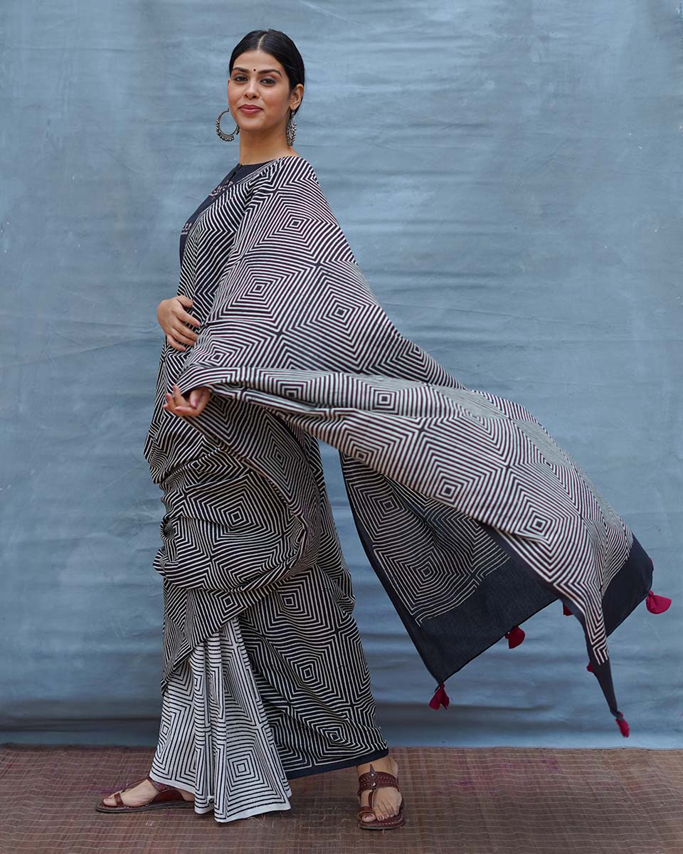 Vintage Muse Black & White Handblock Print Cotton Saree - M&M