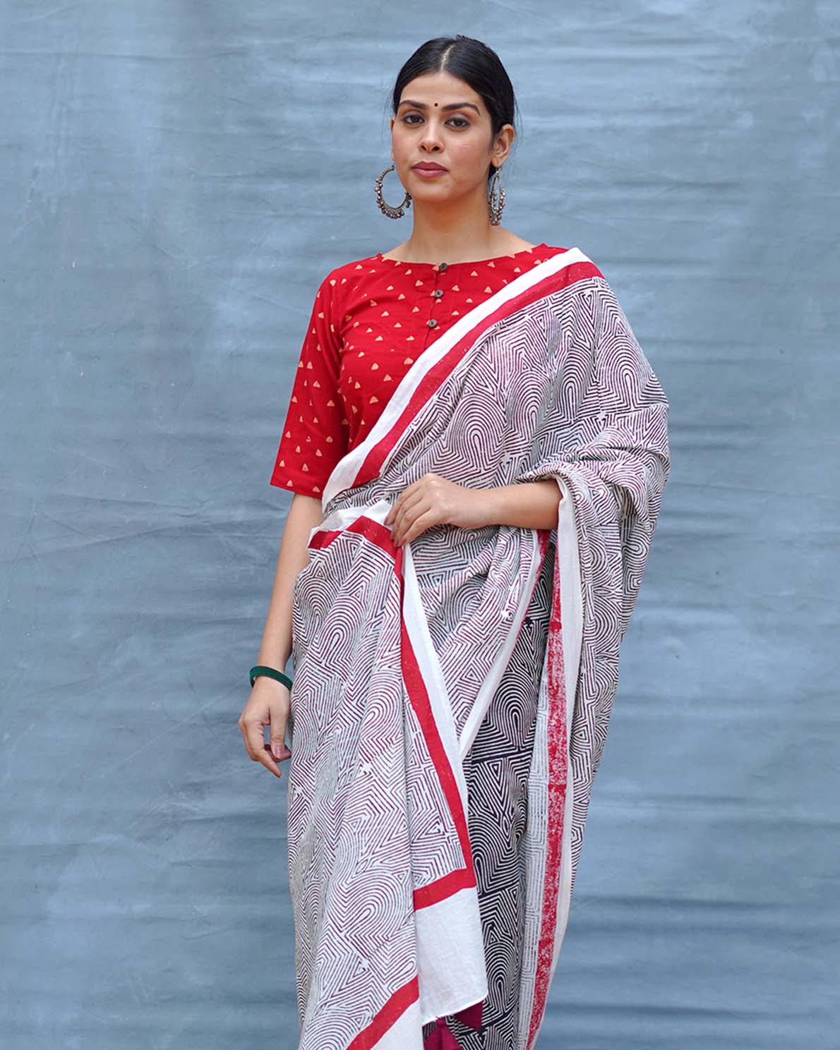 Vintage Poem Black & White Handblock Print Cotton Saree - M&M