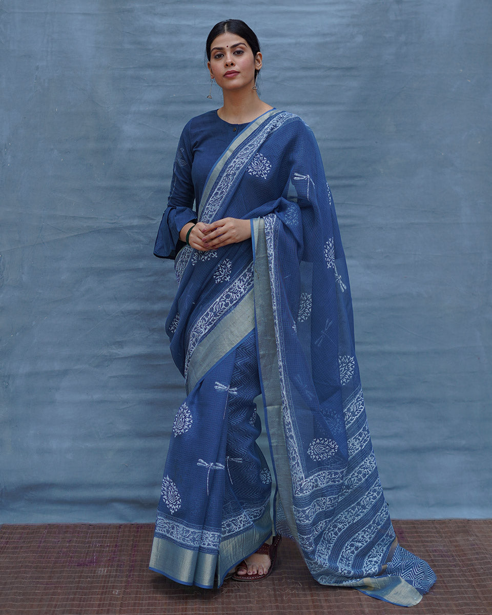 Indigo Shore Blue Block Printed Kota Doria Saree - INDI