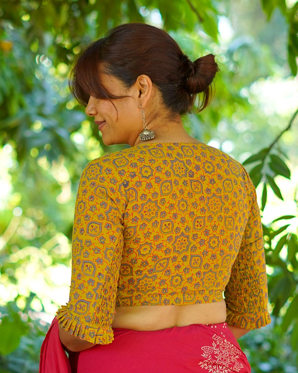 Swinging in veranda Mustard Yellow Hand Block Printed Cotton Blouse - UMT