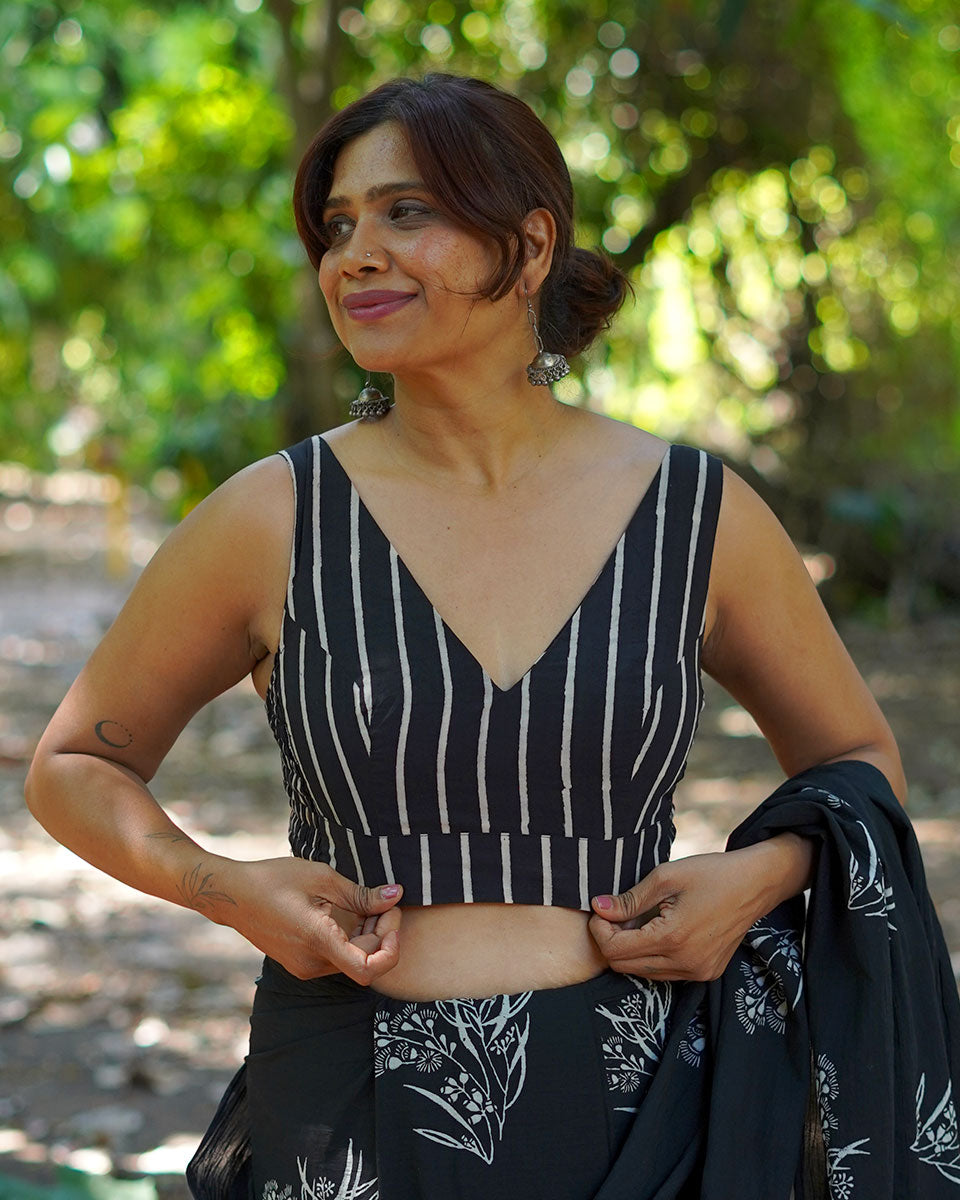 Cool Breeze Black Hand Block Printed Cotton Blouse - UMT