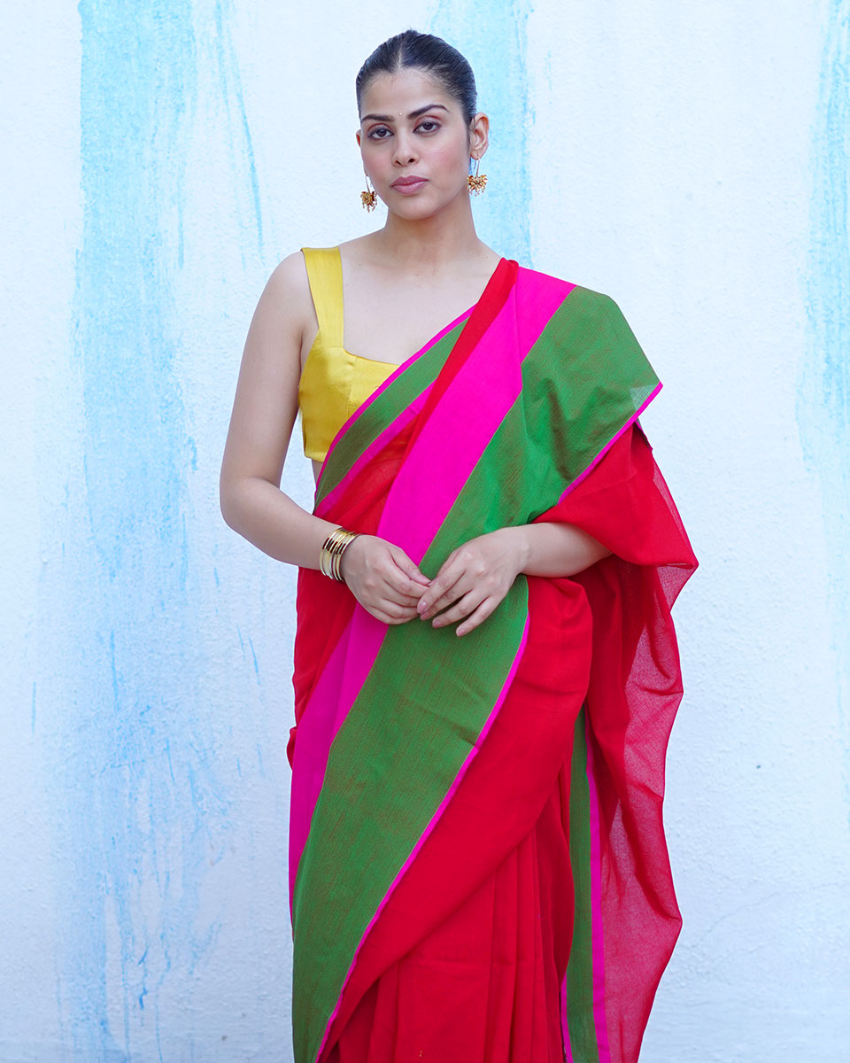 Eos Red With Green Handwoven Cotton Saree - NTC