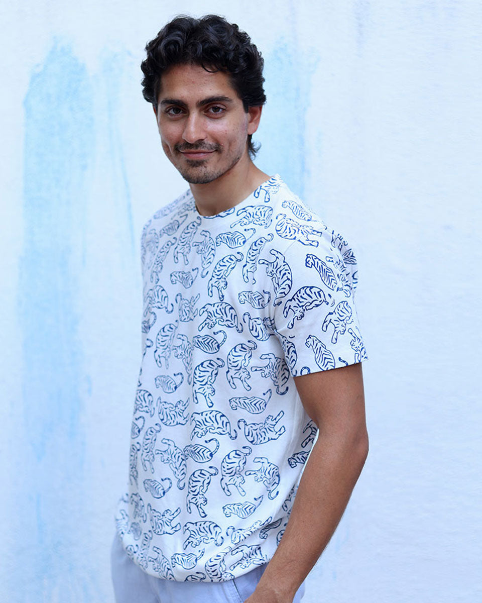 Farhad White Hand Block Print Cotton T- Shirt - TOF