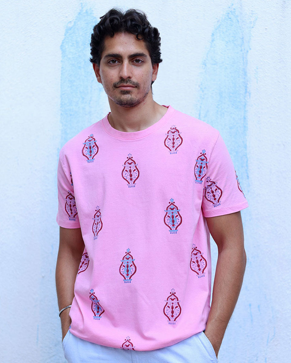 Mehboob Pink Hand Block Print Cotton T- Shirt - TOF