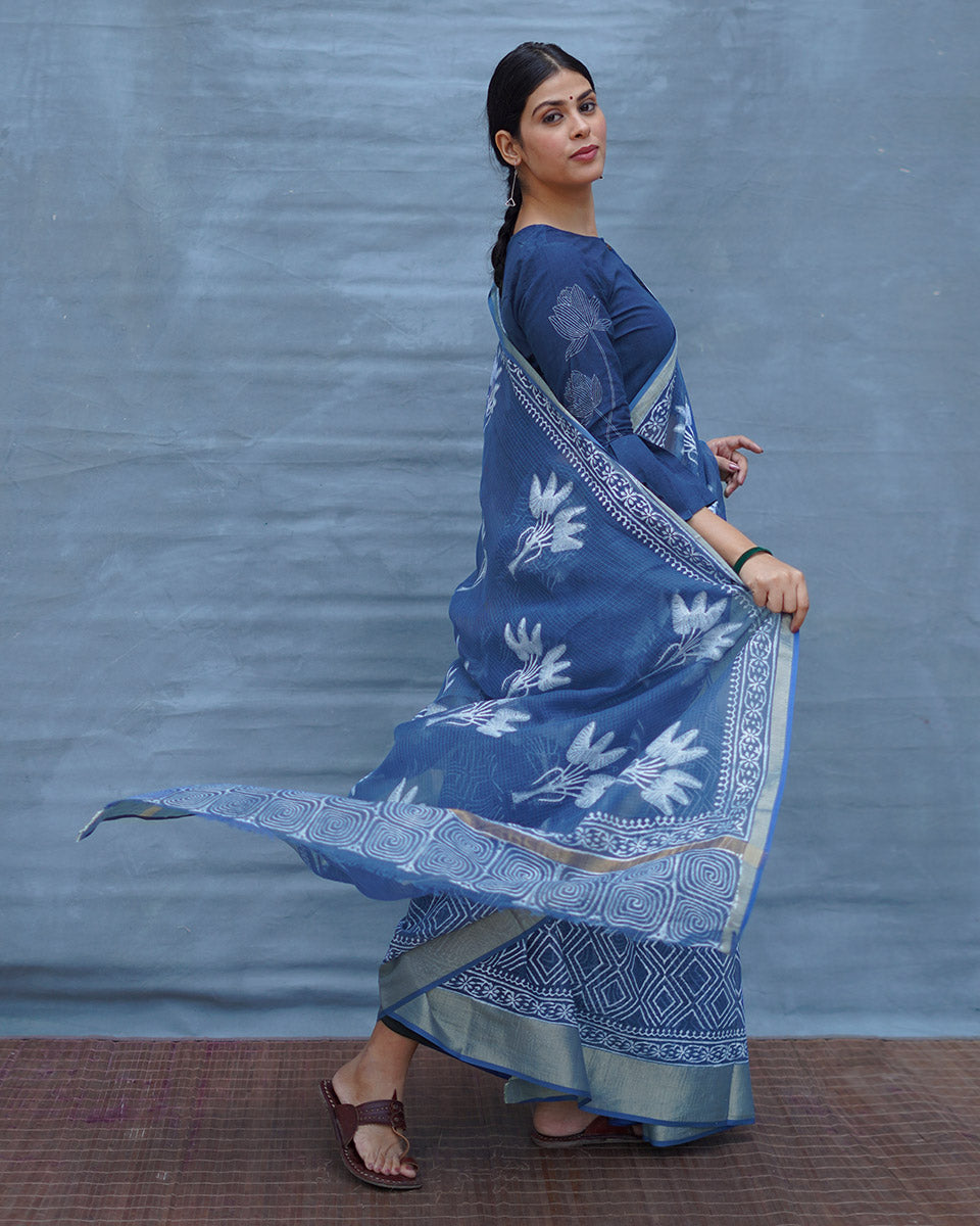 Midnight Sky Blue Block Printed Kota Doria Saree - INDI
