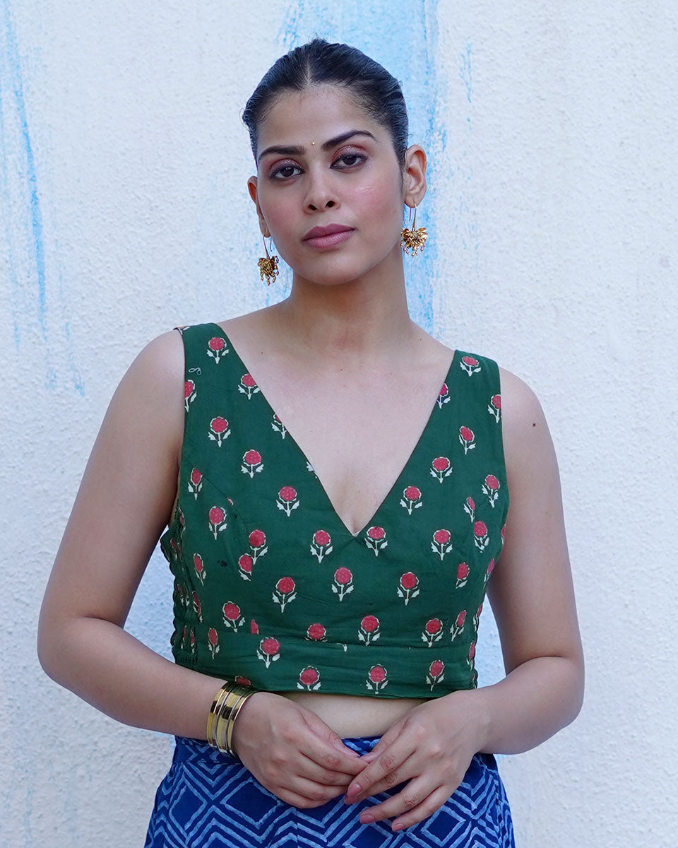 Watching kites fly Green Hand Block Printed Cotton Blouse - UMT