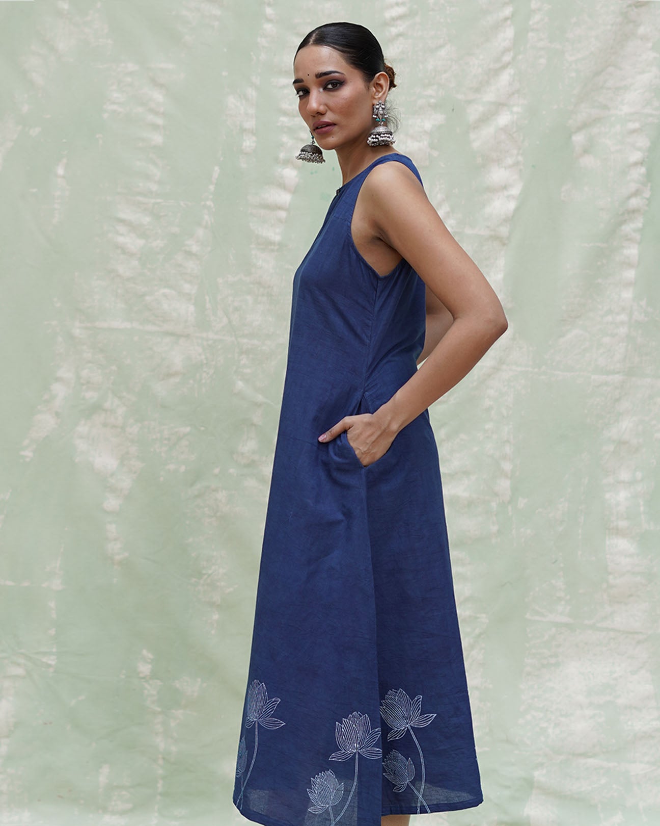 Asravi Blue Handblock Print Cotton Dress - INDI