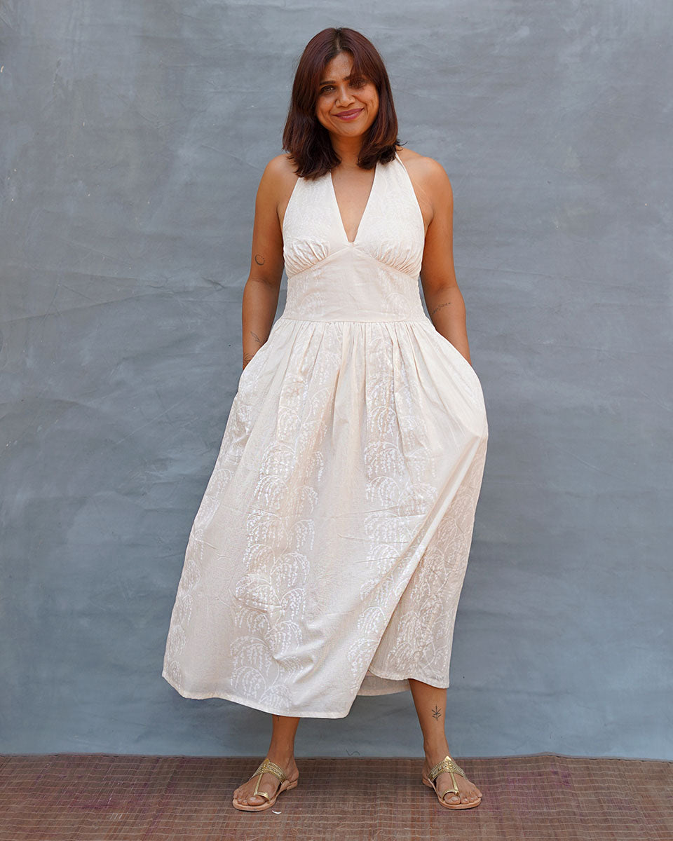 Cloudfall White Handblock Print Cotton Dress - Safed