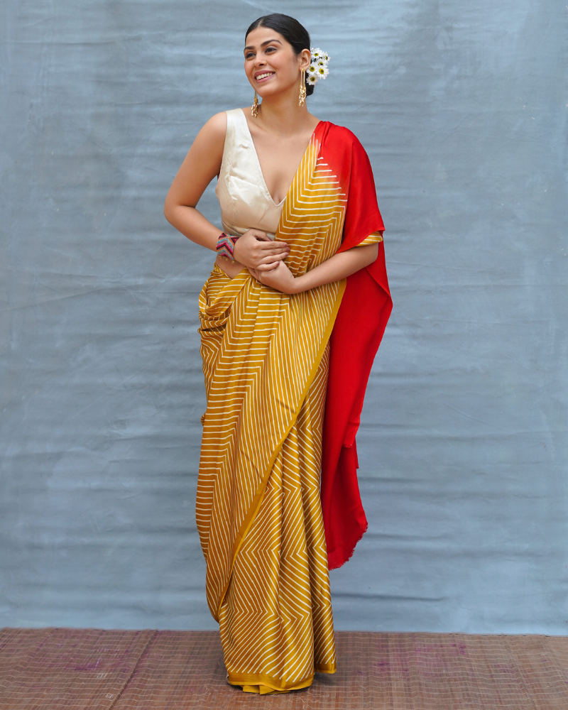 Calm Glide Yellow Handblock Print Modal Silk Saree - Flow