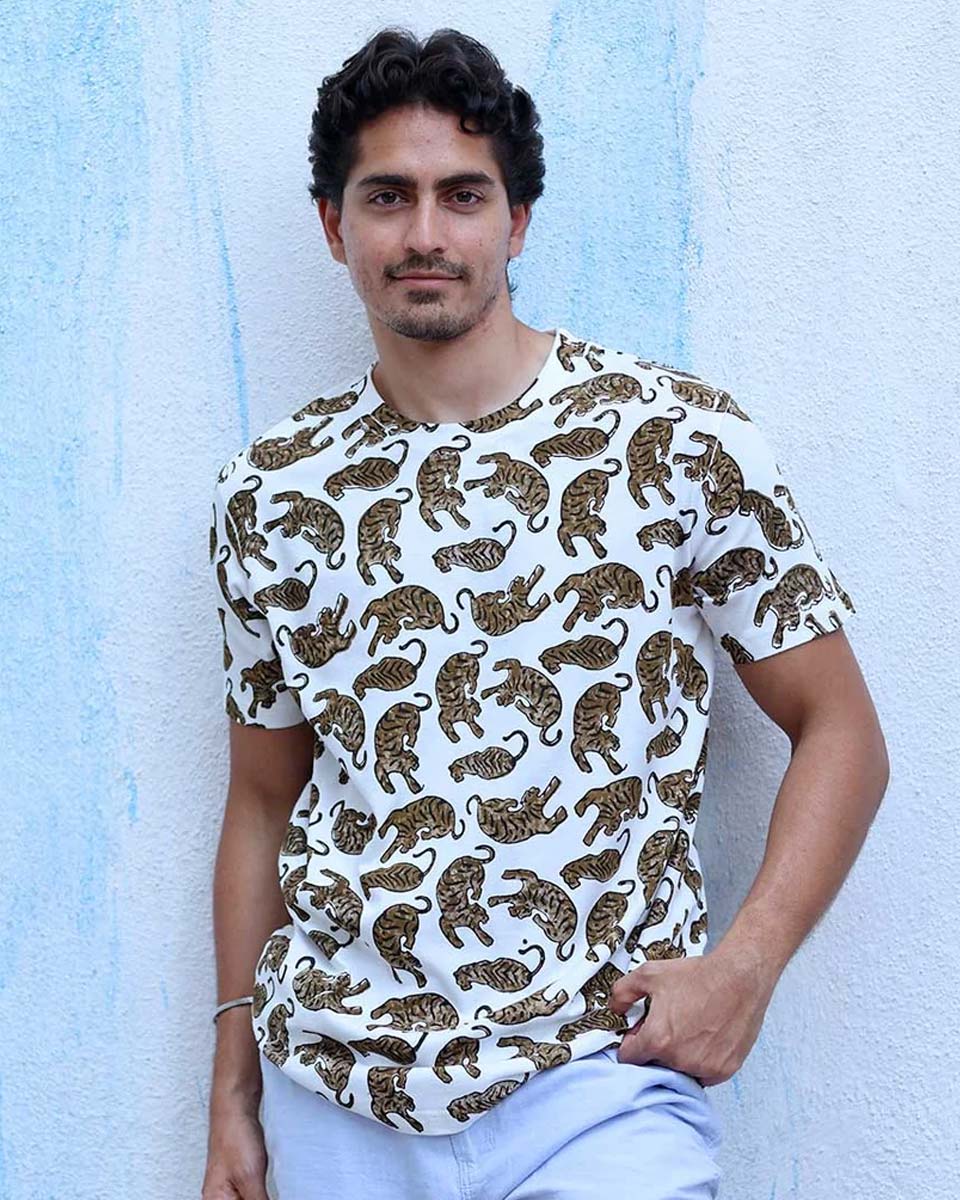 Manzar White Hand Block Print Cotton T- Shirt - TOF