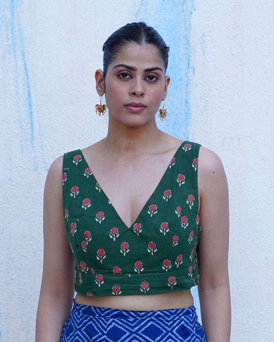 Watching kites fly Green Hand Block Printed Cotton Blouse - UMT
