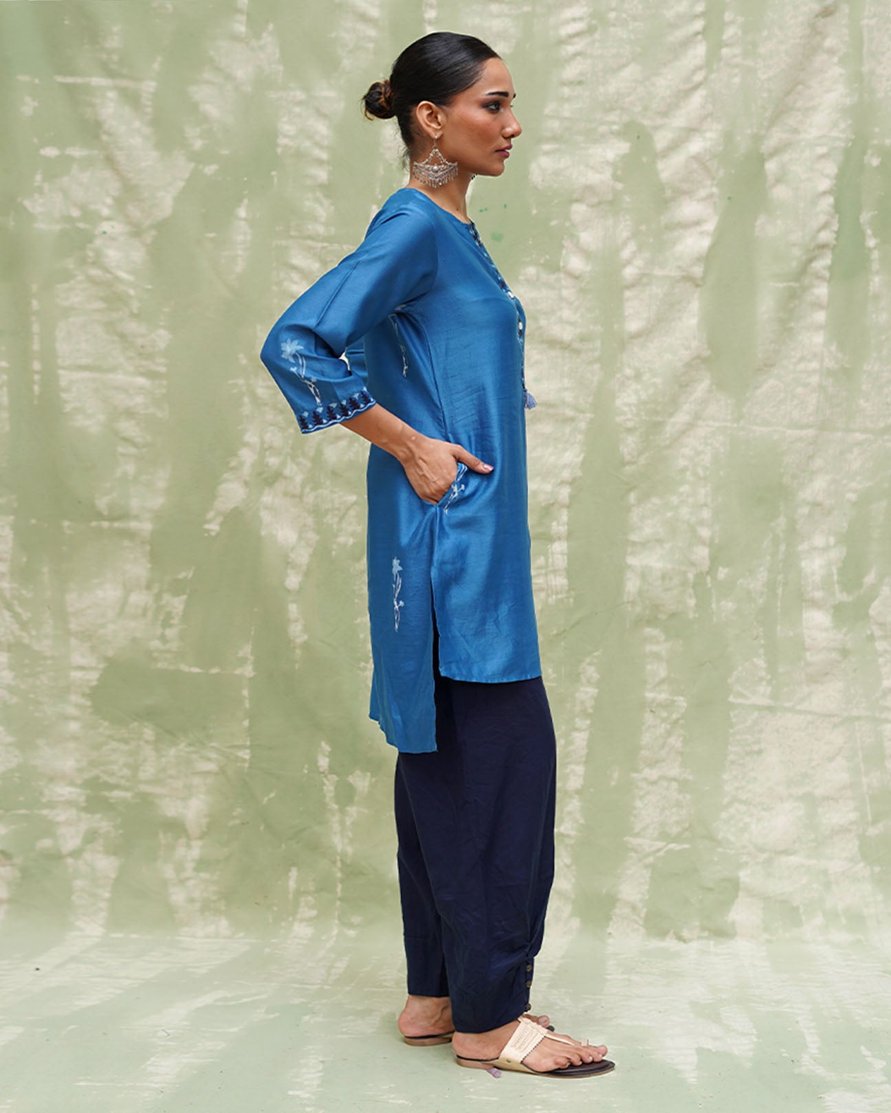 Aasmani Khwab Blue Handblock Printed Chanderi Silk Kurti -  CHD