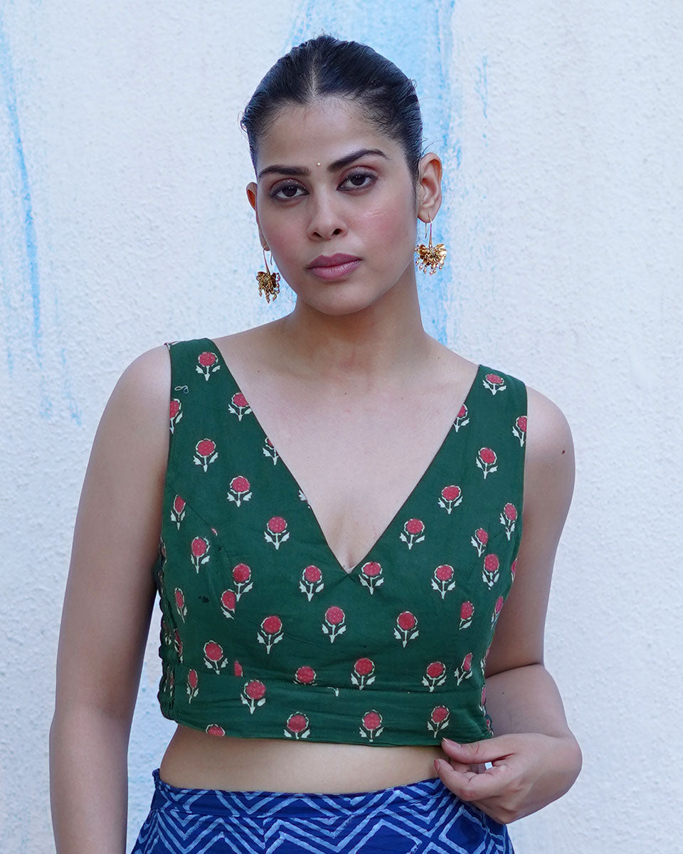 Watching kites fly Green Hand Block Printed Cotton Blouse - UMT