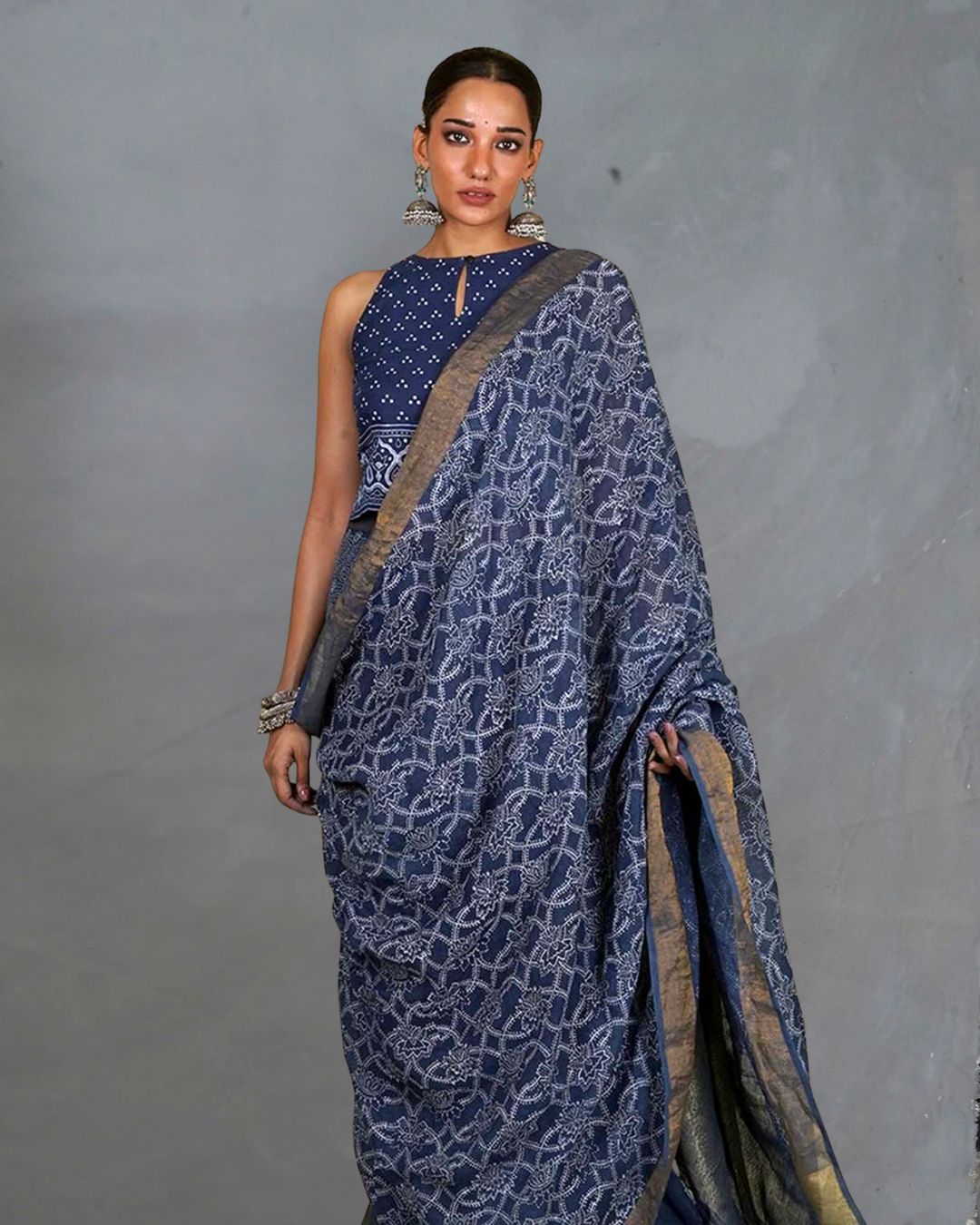 Malavi Blue Handblock Print Linen Saree - INDI