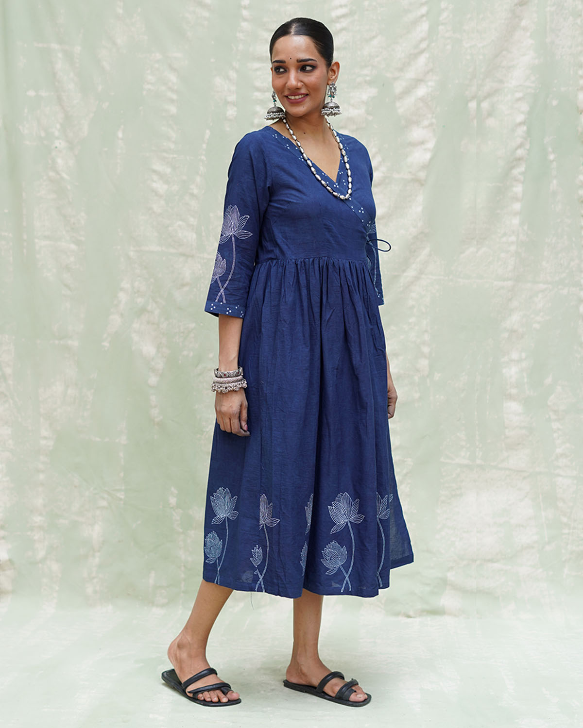 Aslekhi Blue Handblock Print Cotton Dress - INDI