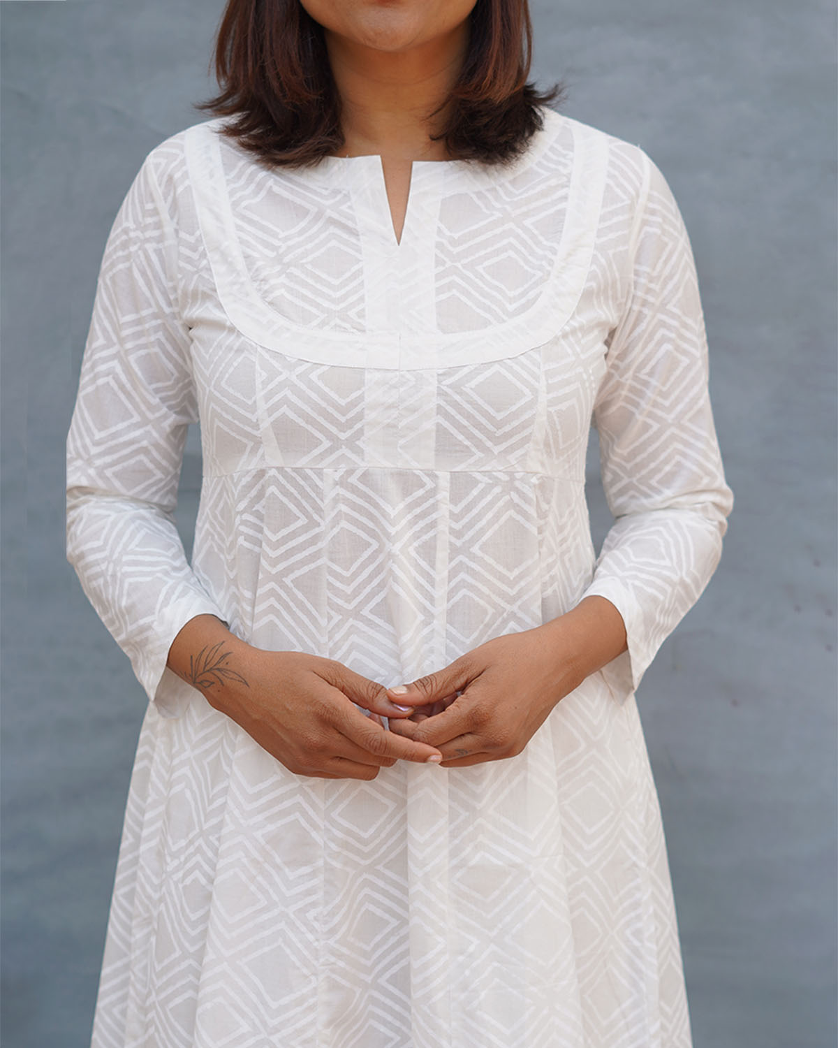 White Wave Handblock Print Cotton Kurta - Safed