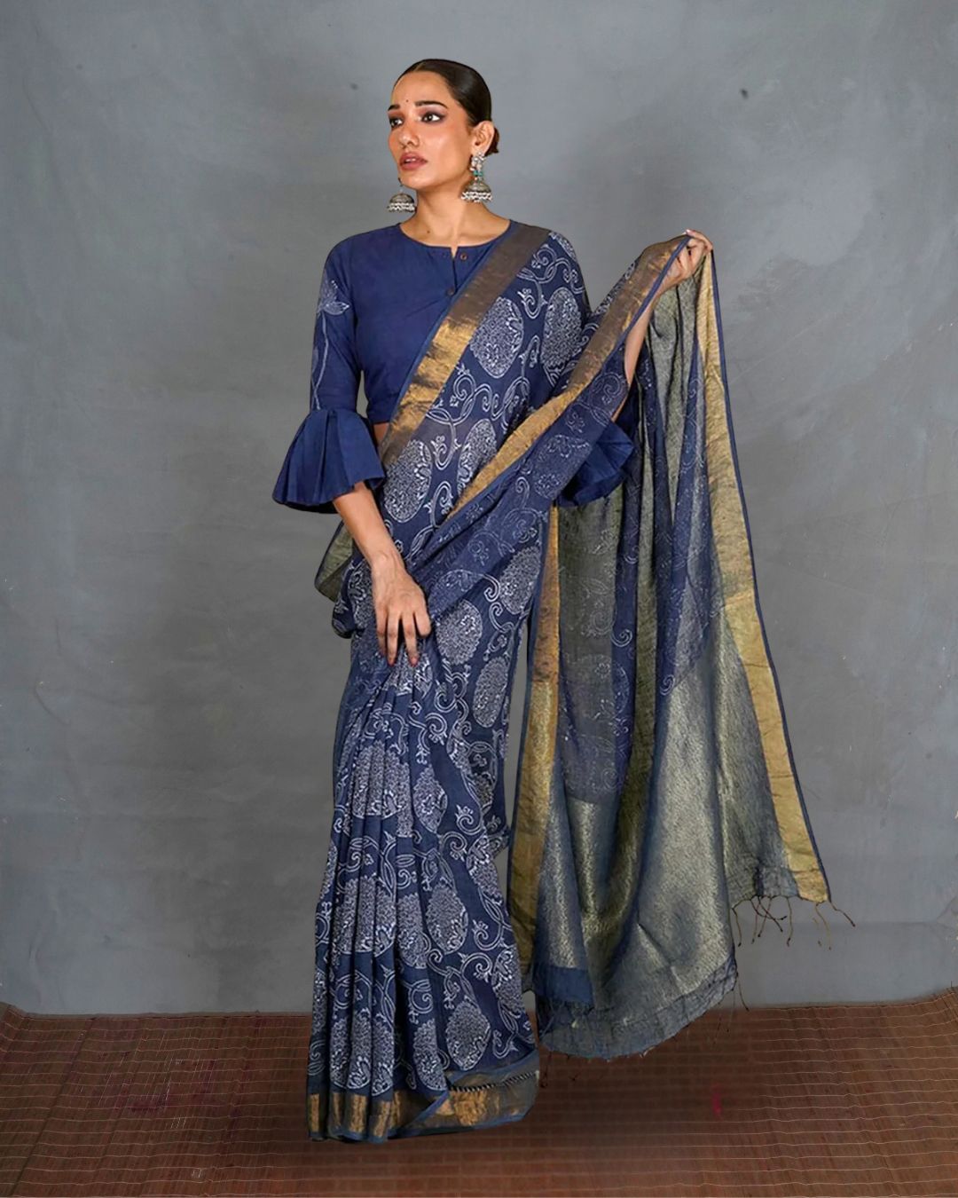 Rahi Blue Handblock Print Linen Saree - INDI