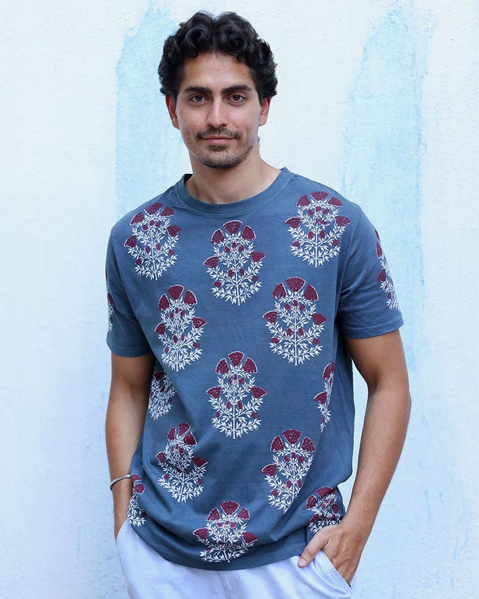 Sagar Blue Hand Block Print Cotton T- Shirt - TOF