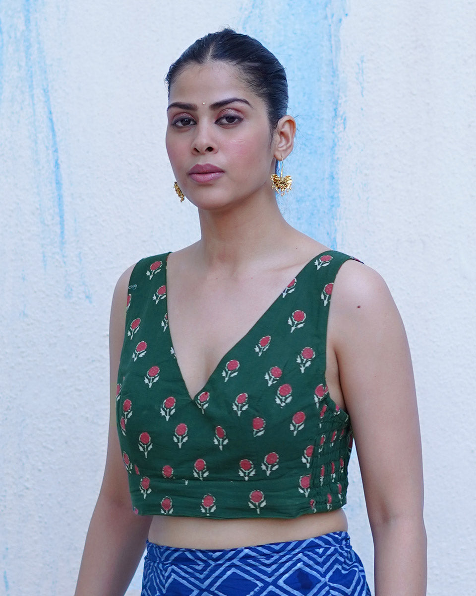 Watching kites fly Green Hand Block Printed Cotton Blouse - UMT