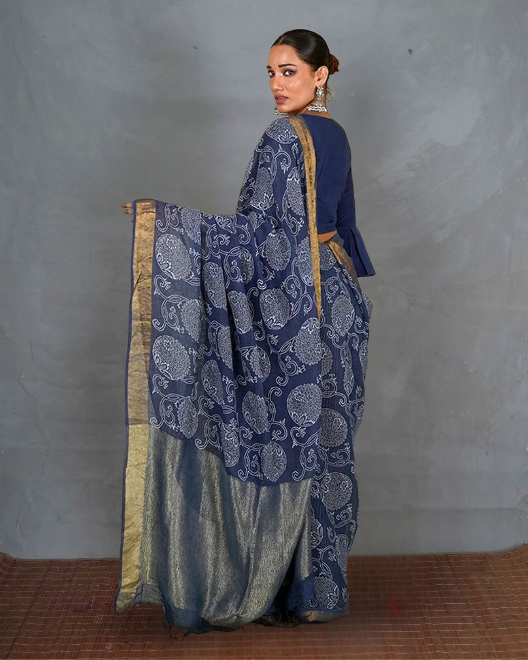 Rahi Blue Handblock Print Linen Saree - INDI
