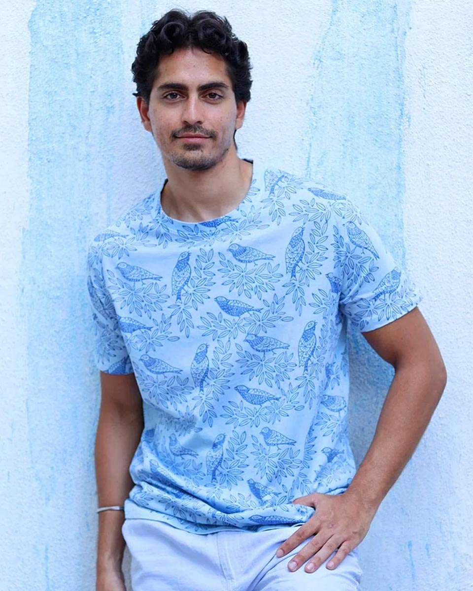 Anhad Sky Blue Hand Block Print Cotton T- Shirt - TOF