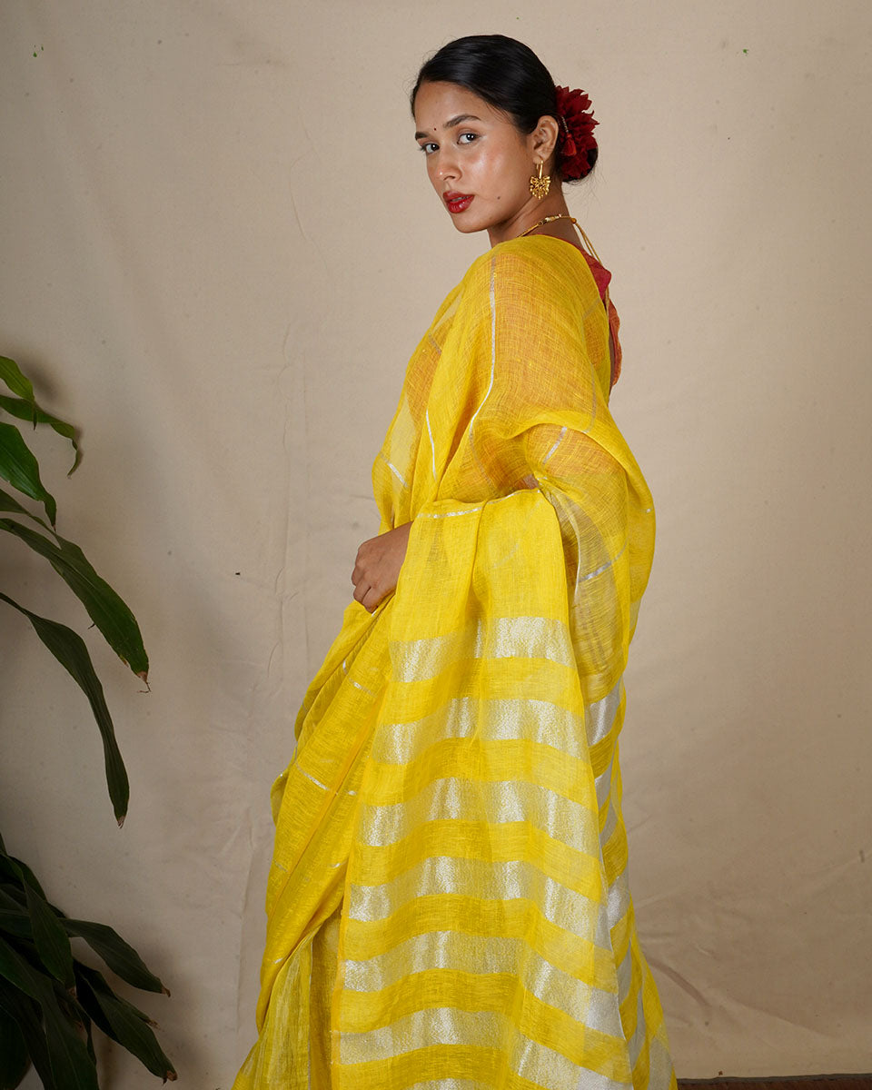 Arunima Yellow Handwoven Linen Zari Saree - Eknoor