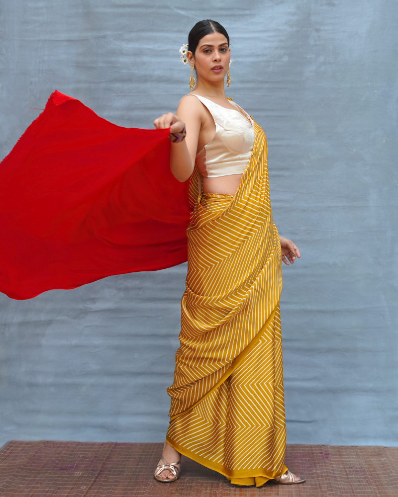 Calm Glide Yellow Handblock Print Modal Silk Saree - Flow