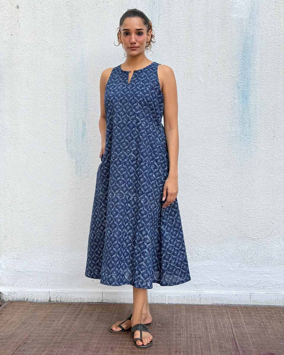 Butterfly Pea Blockprinted Cotton Dress