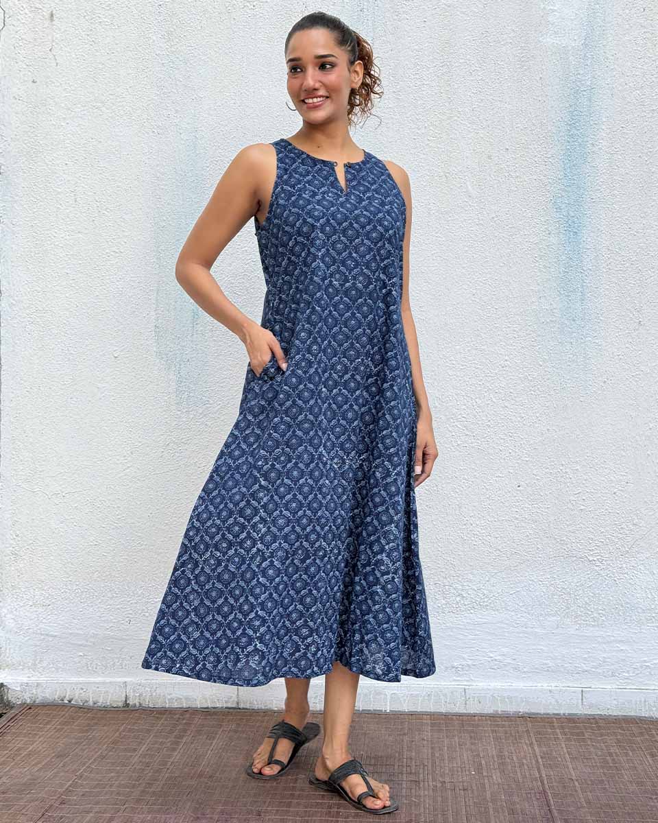 Butterfly Pea Blockprinted Cotton Dress