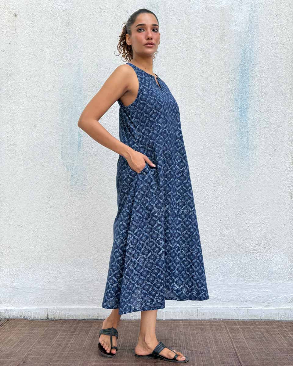 Butterfly Pea Blockprinted Cotton Dress