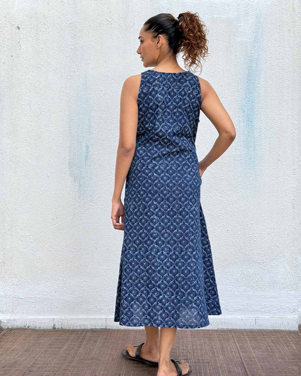 Butterfly Pea Blockprinted Cotton Dress