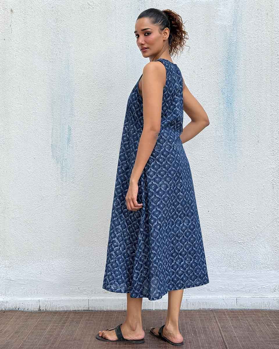 Butterfly Pea Blockprinted Cotton Dress