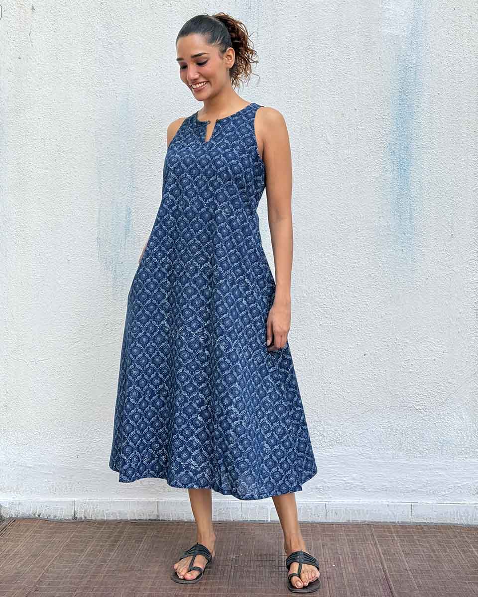 Butterfly Pea Blockprinted Cotton Dress