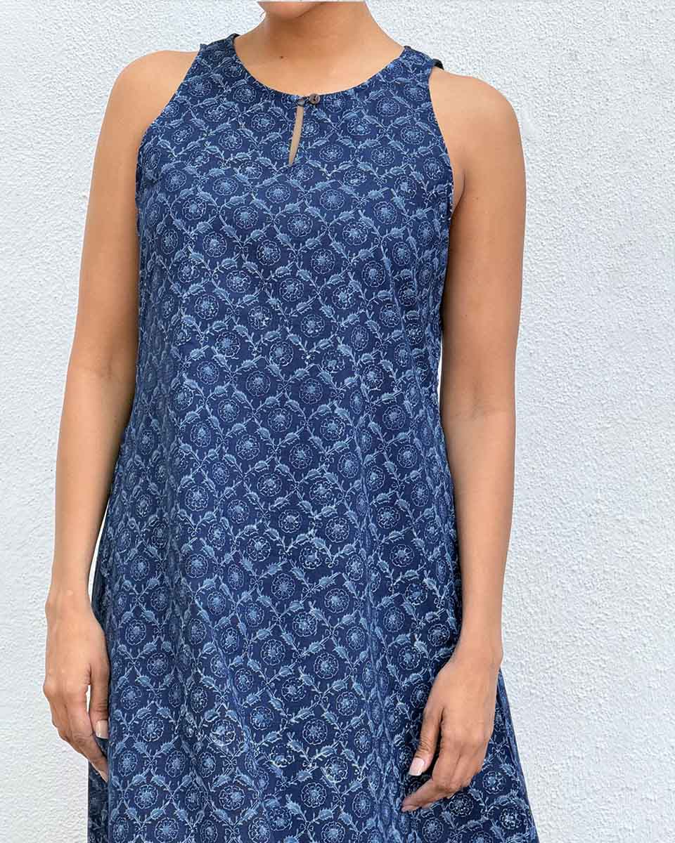 Butterfly Pea Blockprinted Cotton Dress