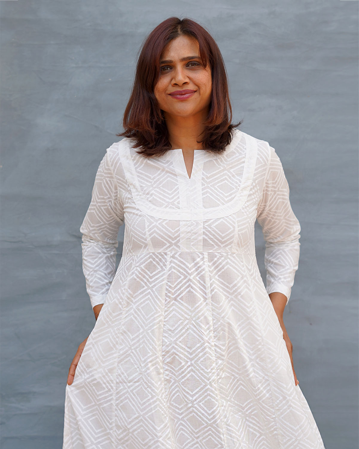 White Wave Handblock Print Cotton Kurta - Safed