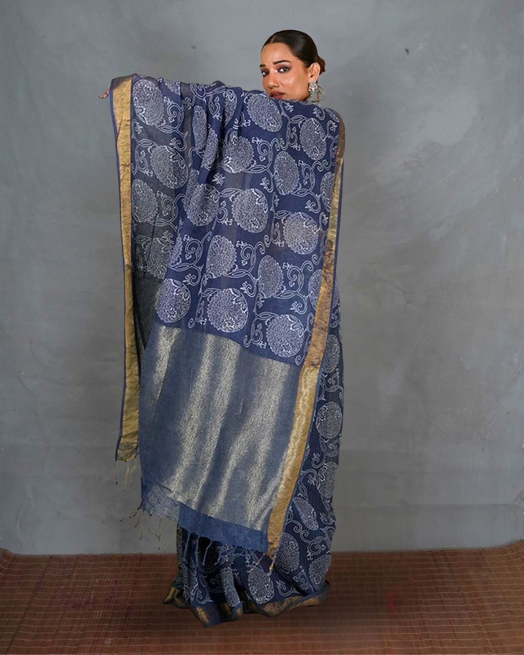 Rahi Blue Handblock Print Linen Saree - INDI