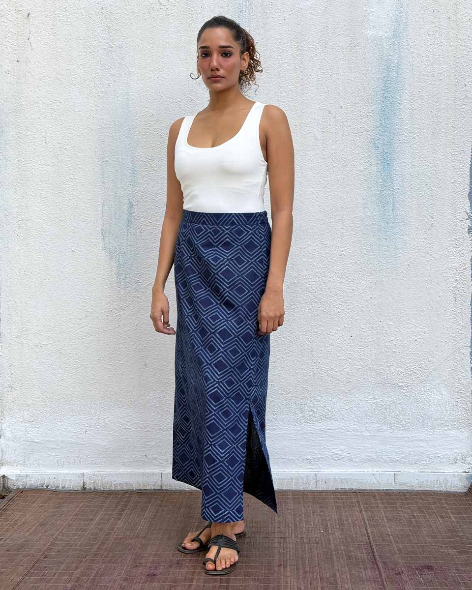 Indigo Bunting Blockprinted Cotton Skirt