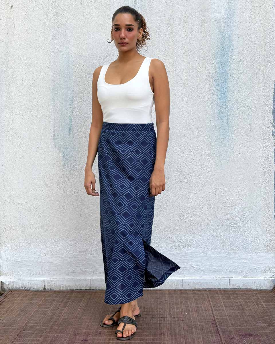 Indigo Bunting Blockprinted Cotton Skirt