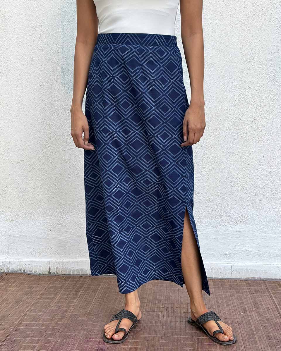 Indigo Bunting Blockprinted Cotton Skirt