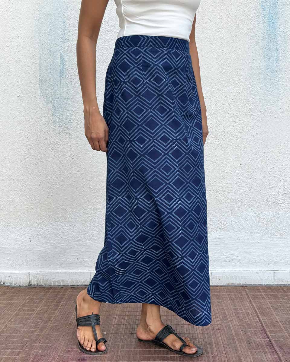 Indigo Bunting Blockprinted Cotton Skirt