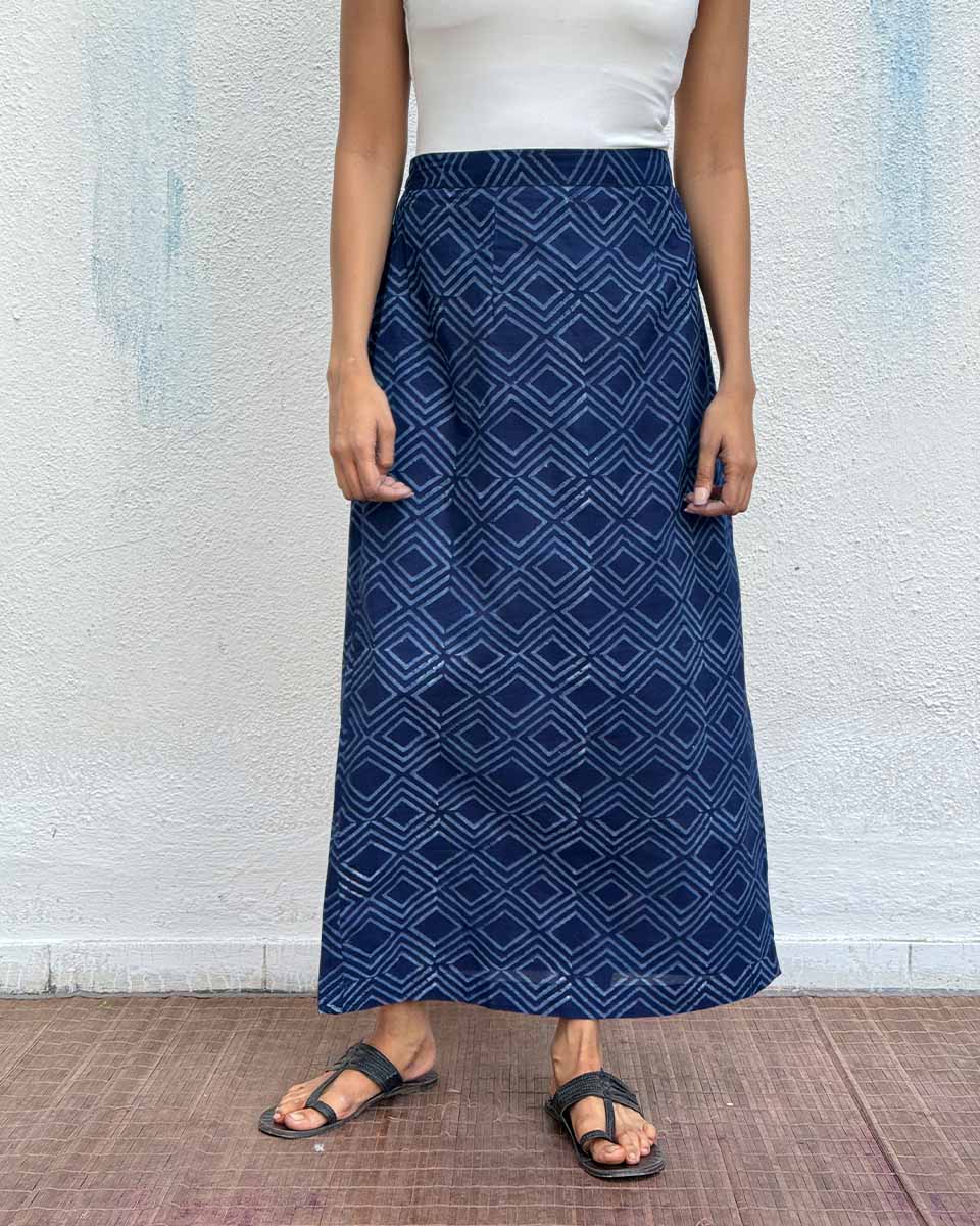 Indigo Bunting Blockprinted Cotton Skirt