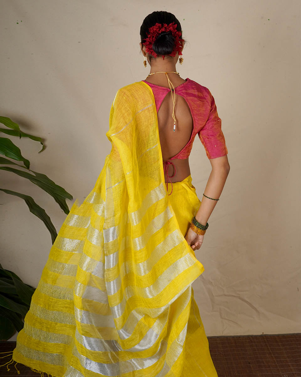 Arunima Yellow Handwoven Linen Zari Saree - Eknoor