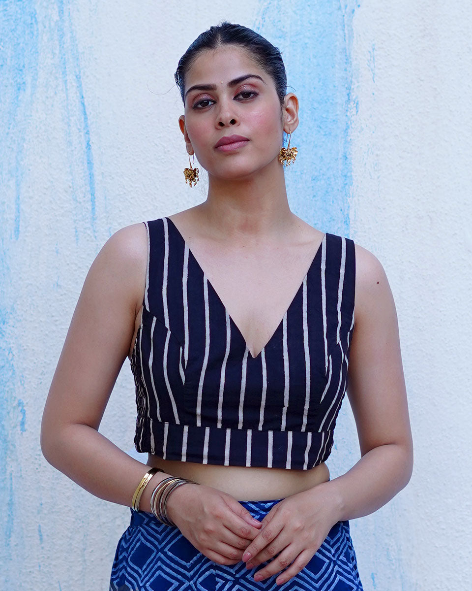 Cool Breeze Black Hand Block Printed Cotton Blouse - UMT