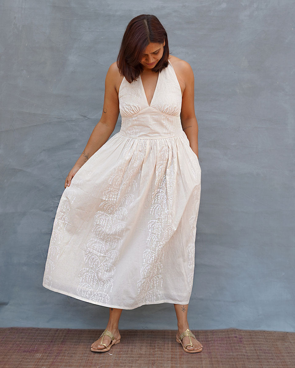 Cloudfall White Handblock Print Cotton Dress - Safed