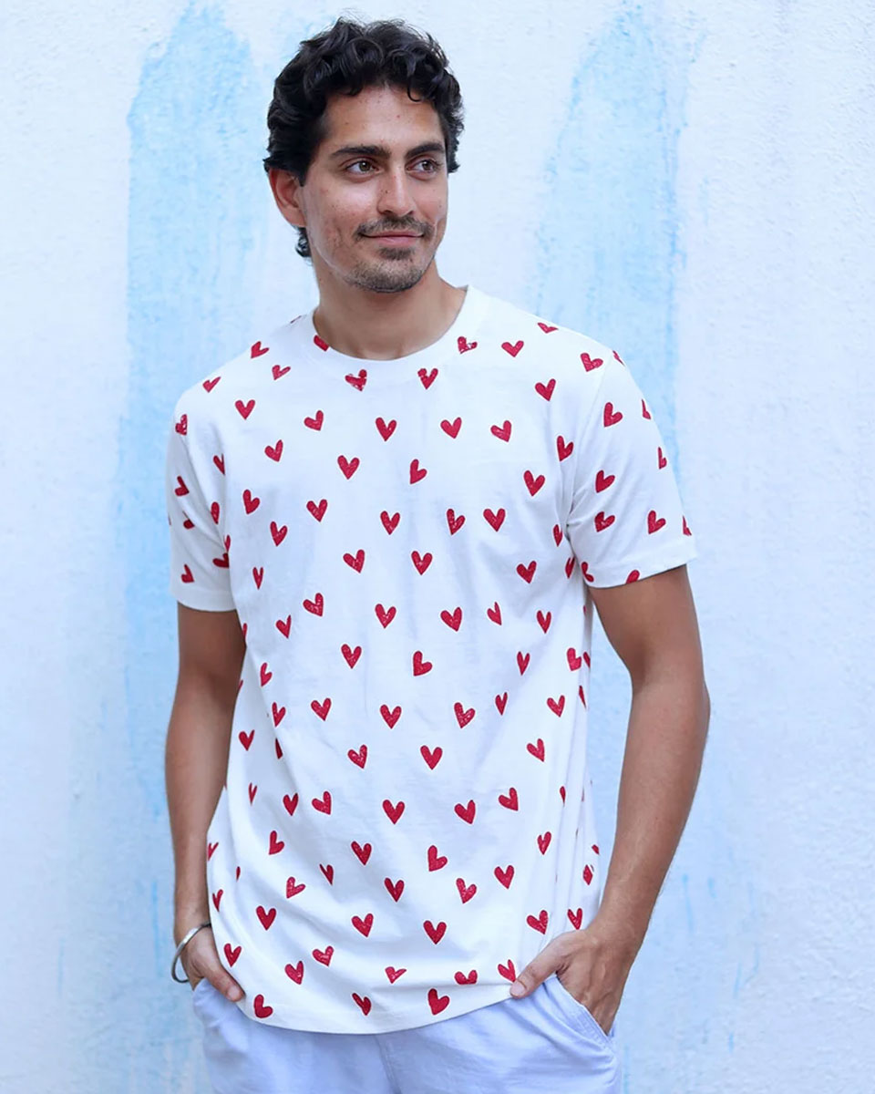 Gustaakh White Hand Block Print Cotton T- Shirt -TOF