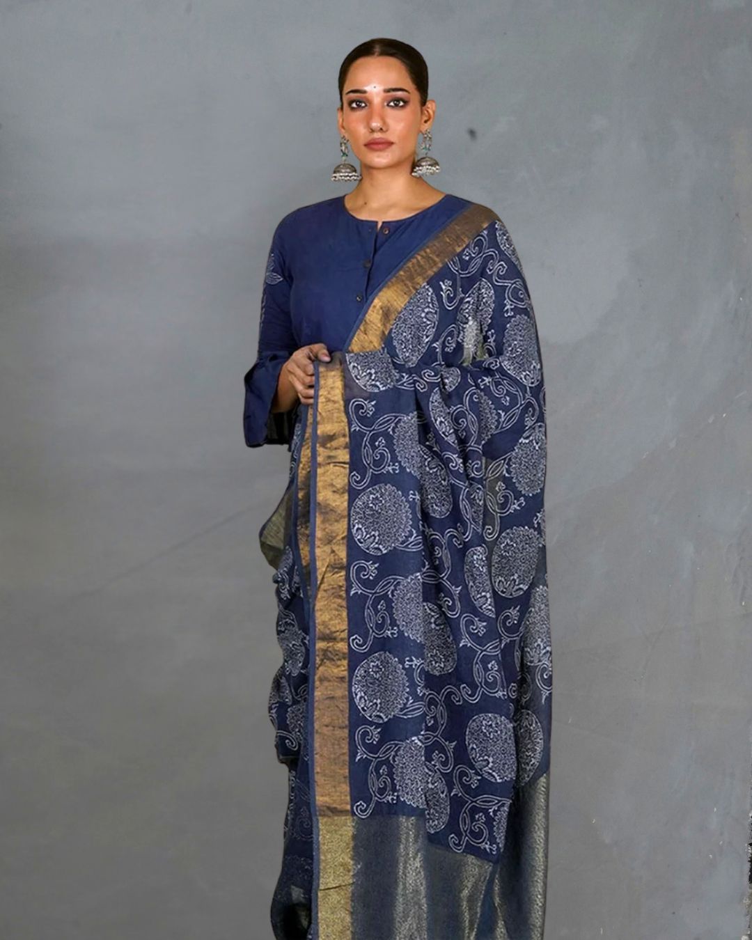 Rahi Blue Handblock Print Linen Saree - INDI